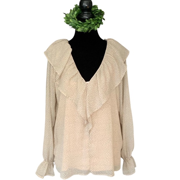 Loft Dotted Cream Beige V Neck Ruffle Lined Long Sleeve Crepe Career Blo… - Picture 3 of 14